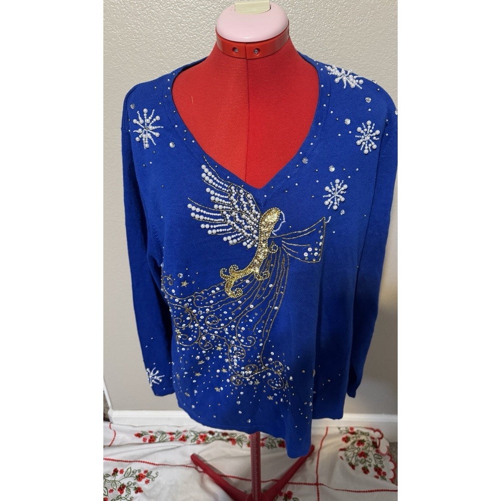 Berek 1X Blue Christmas Angel Snowflake Beaded V-Neck Holiday Sweater